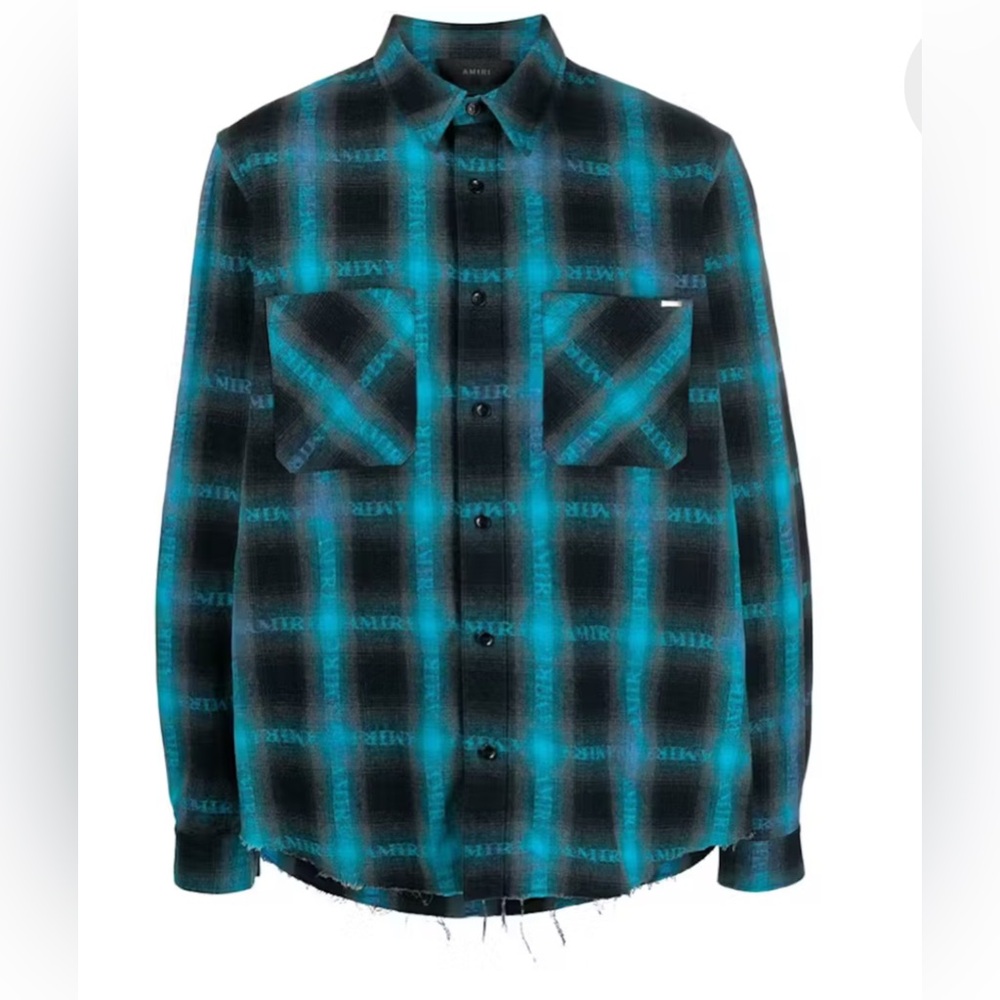 AMIRI Distressed Plaid Flannel Shirt – Blue/Black – Size XL